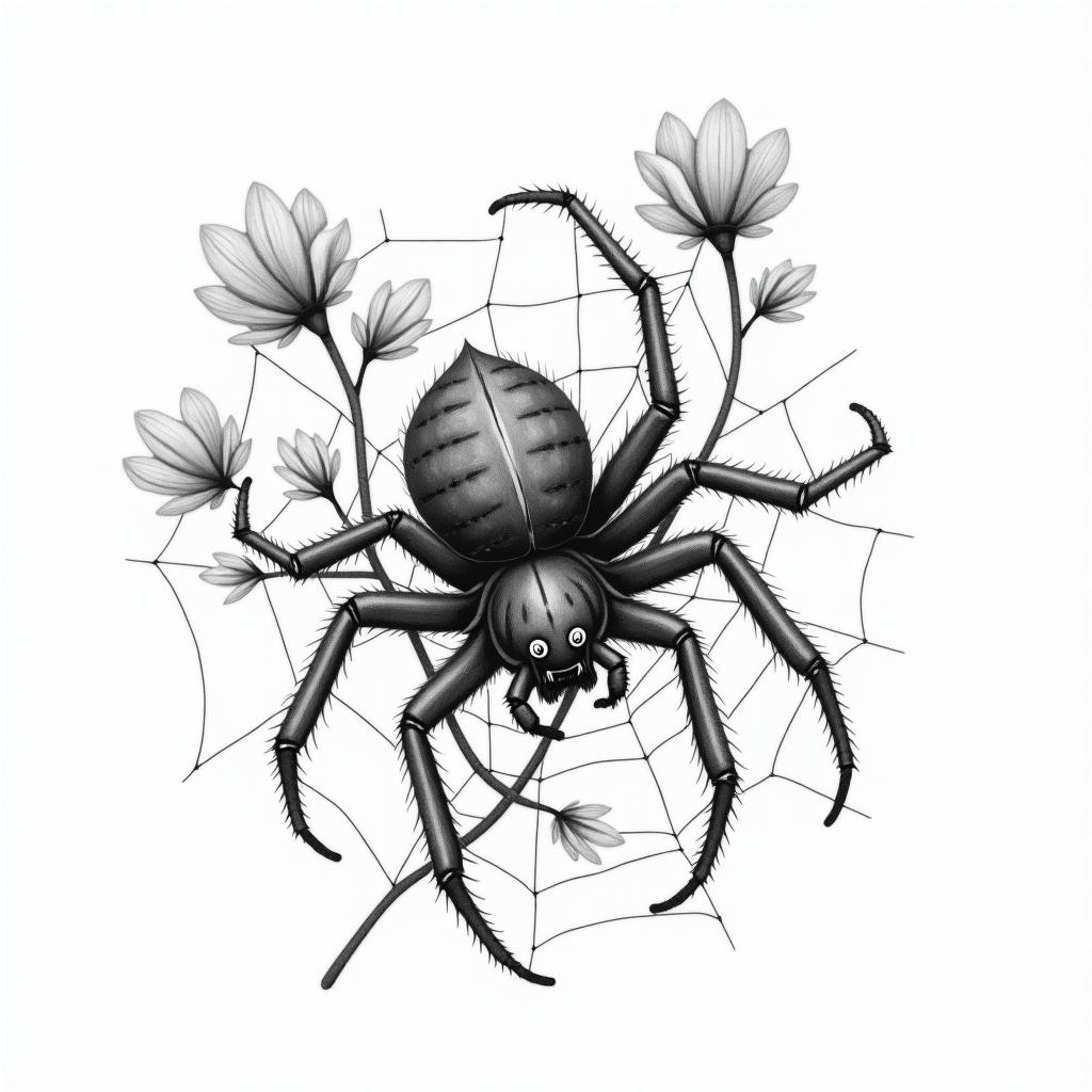 Small spider on web with flowers with stemin realism tattoo style, featuring a highly detailed, lifelike, capturing every detail, photorealistic, ultra realistic, intricate shading, smooth and sharp,   - Variation 14