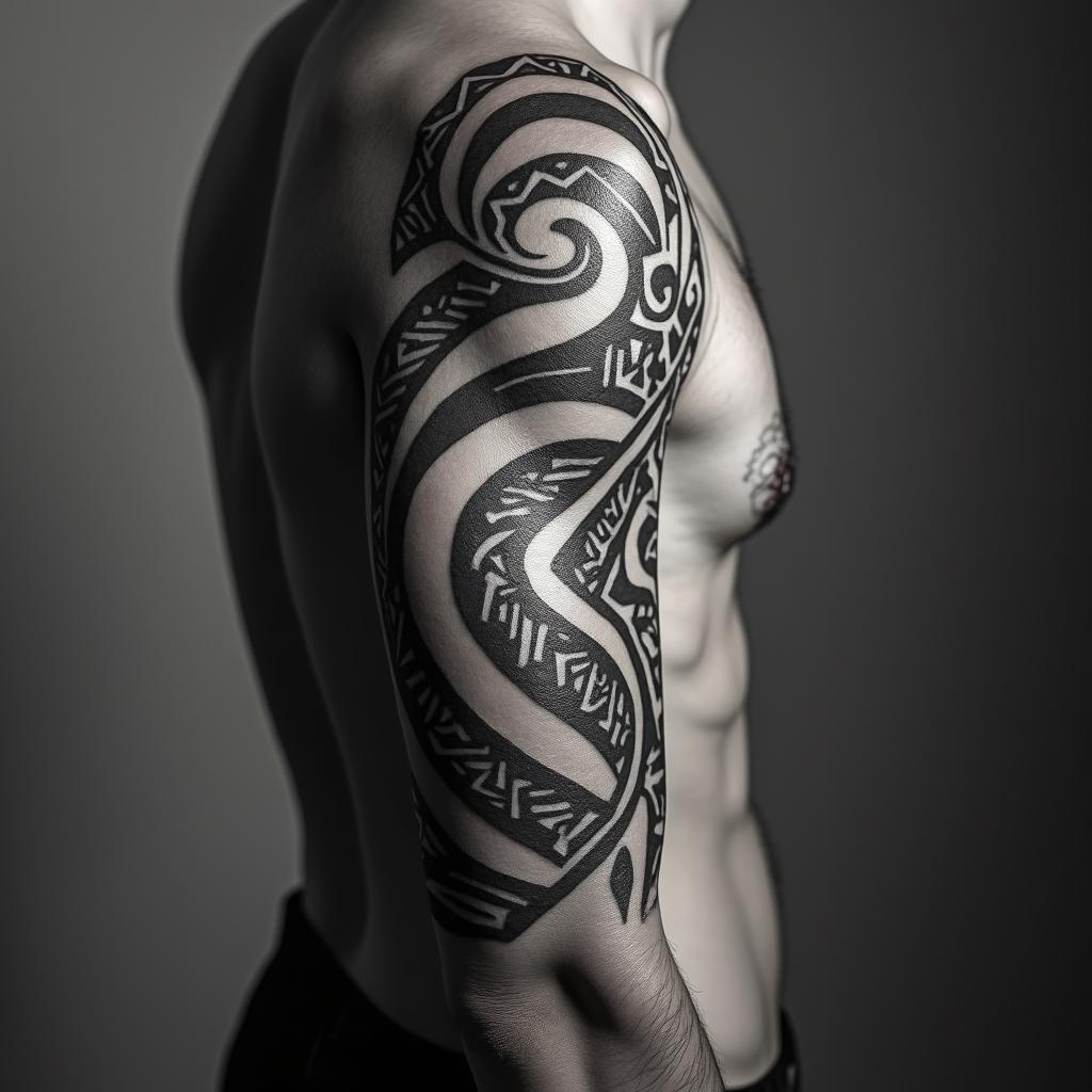 Tribal style to do with Mexican heritagein tribal tattoo style, featuring bold and black geometric shapes, curved lines, intertwine and flow seamlessly, creating a powerful and symbolic design, polynesian and maori styles - Variation 3