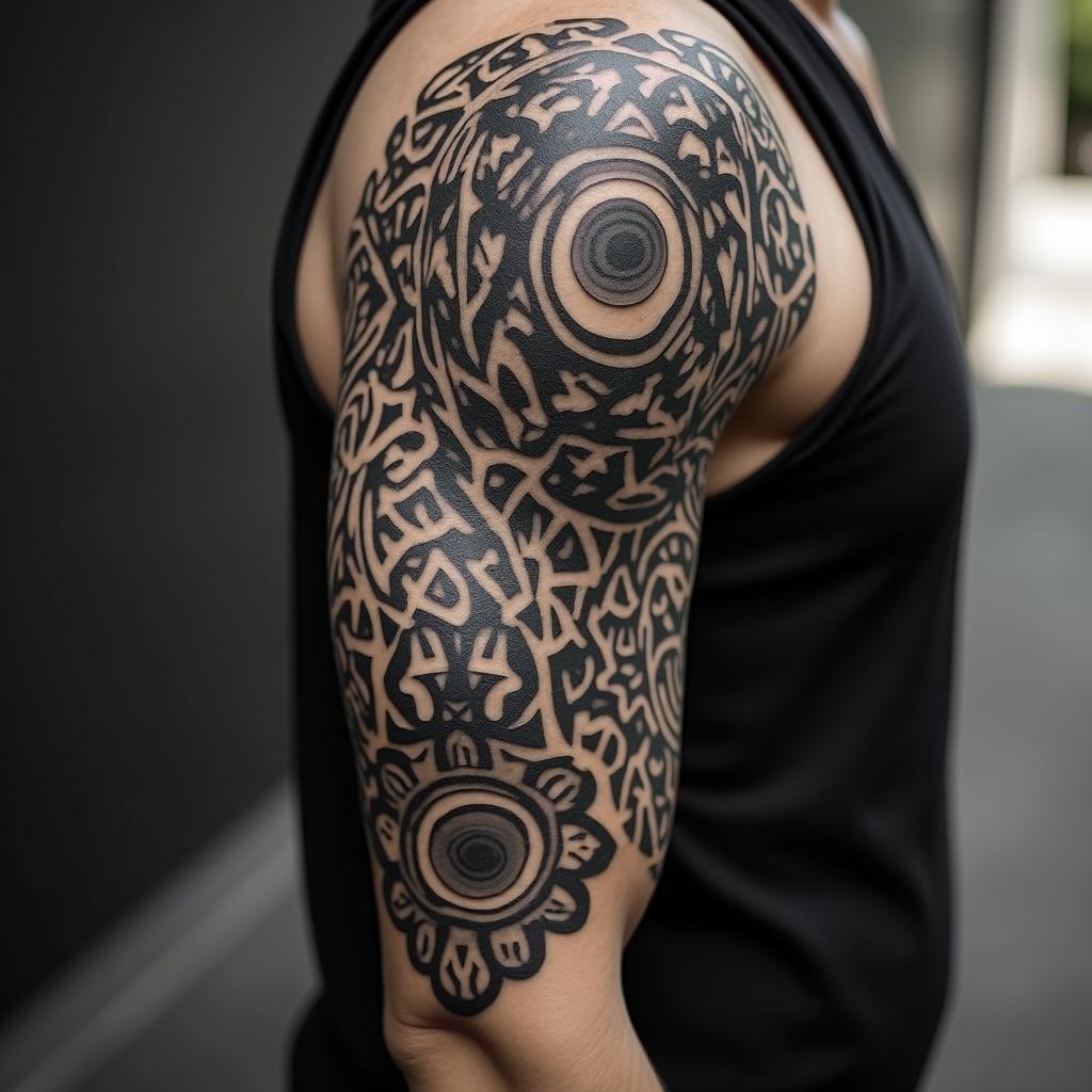 Tribal style to do with Mexican heritagein tribal tattoo style, featuring bold and black geometric shapes, curved lines, intertwine and flow seamlessly, creating a powerful and symbolic design, polynesian and maori styles - Variation 4