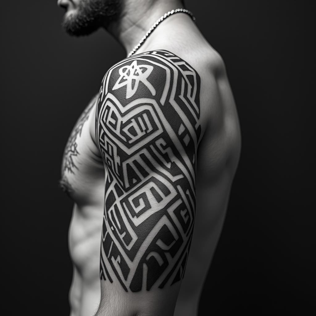 Tribal style to do with Mexican heritagein tribal tattoo style, featuring bold and black geometric shapes, curved lines, intertwine and flow seamlessly, creating a powerful and symbolic design, polynesian and maori styles - Variation 2