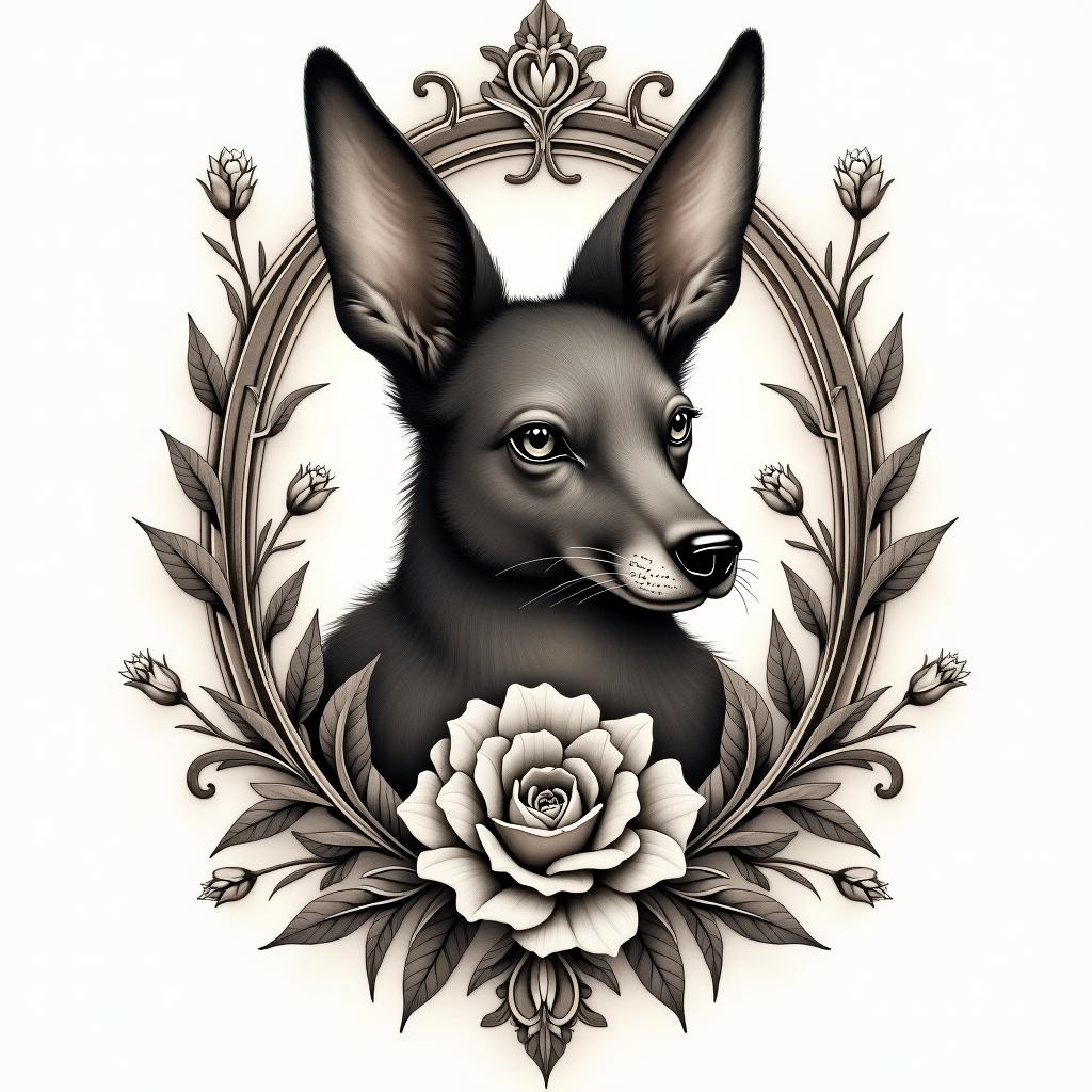 Anubisin victorian style tattoo, featuring vintage and elegant elements, ornate frames, roses, antique, sepia-toned color scheme - Variation 3