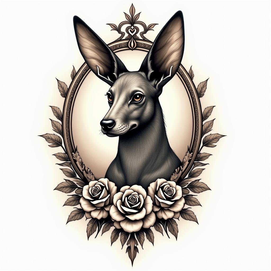 Anubisin victorian style tattoo, featuring vintage and elegant elements, ornate frames, roses, antique, sepia-toned color scheme - Variation 1