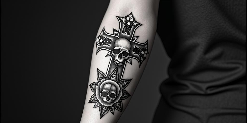 Santa Muertein chicano style tattoo, featuring intricate black and grey shading, bold elements of traditional chicano culture symbols, add a big cross with skull, chains and roses - Variation 2