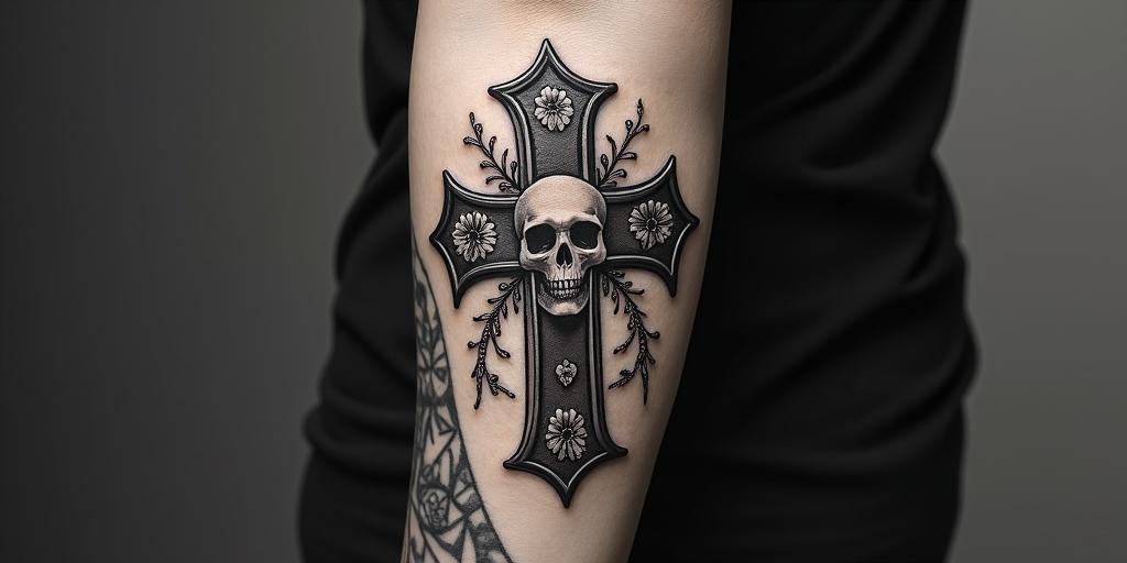 Santa Muertein chicano style tattoo, featuring intricate black and grey shading, bold elements of traditional chicano culture symbols, add a big cross with skull, chains and roses