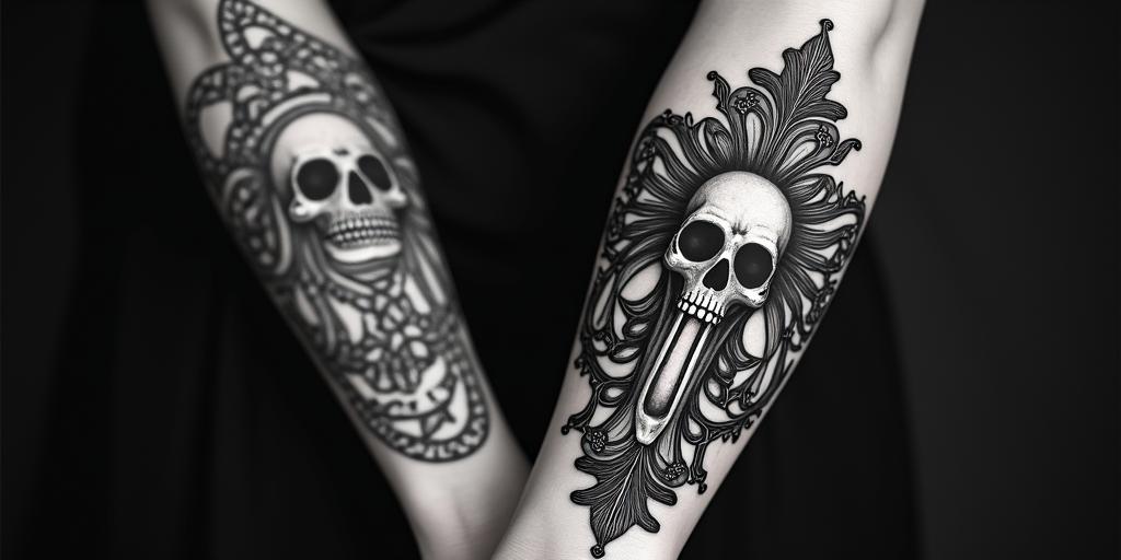 Santa Muertein chicano style tattoo, featuring intricate black and grey shading, bold elements of traditional chicano culture symbols, add a big cross with skull, chains and roses - Variation 3