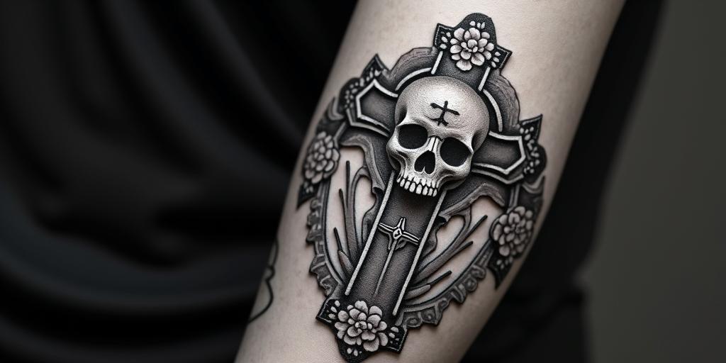 Santa Muertein chicano style tattoo, featuring intricate black and grey shading, bold elements of traditional chicano culture symbols, add a big cross with skull, chains and roses - Variation 4