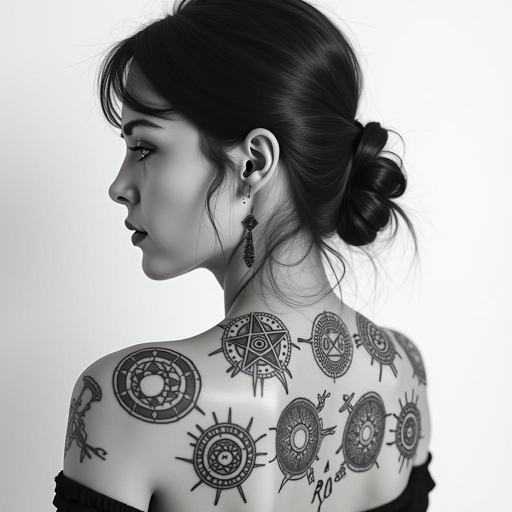 collarbone, strong woman, subtlein paganic style tattoo, featuring ancient symbols, add vegvisir symbol, mystical figures, incorporating designs, pentagrams, runes, crescent moons, - Variation 3