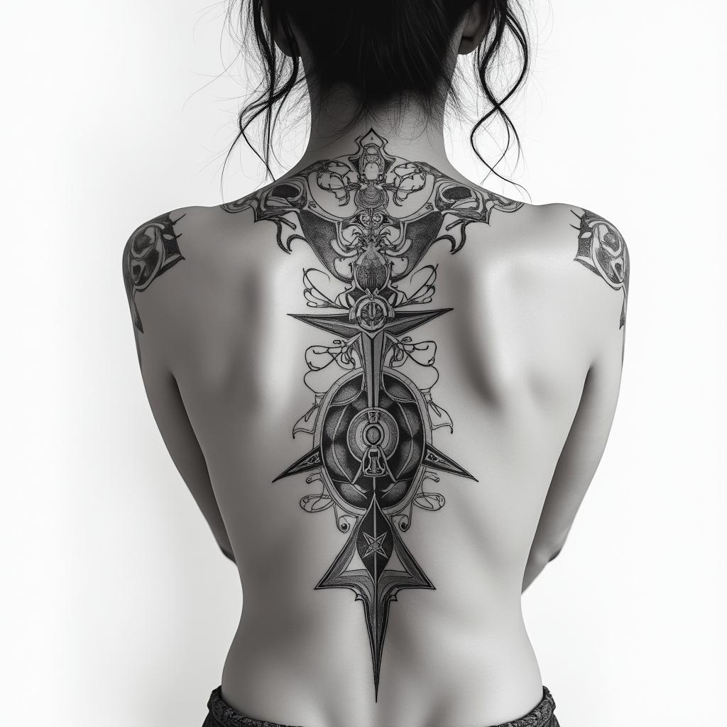 collarbone, strong woman, subtlein paganic style tattoo, featuring ancient symbols, add vegvisir symbol, mystical figures, incorporating designs, pentagrams, runes, crescent moons, - Variation 2