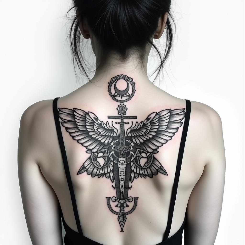 collarbone, strong woman, subtlein paganic style tattoo, featuring ancient symbols, add vegvisir symbol, mystical figures, incorporating designs, pentagrams, runes, crescent moons, - Variation 4