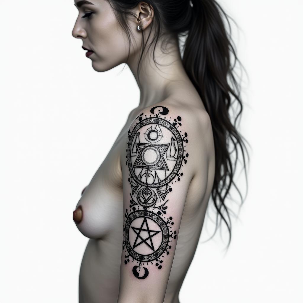 collarbone, strong woman, subtlein paganic style tattoo, featuring ancient symbols, add vegvisir symbol, mystical figures, incorporating designs, pentagrams, runes, crescent moons,