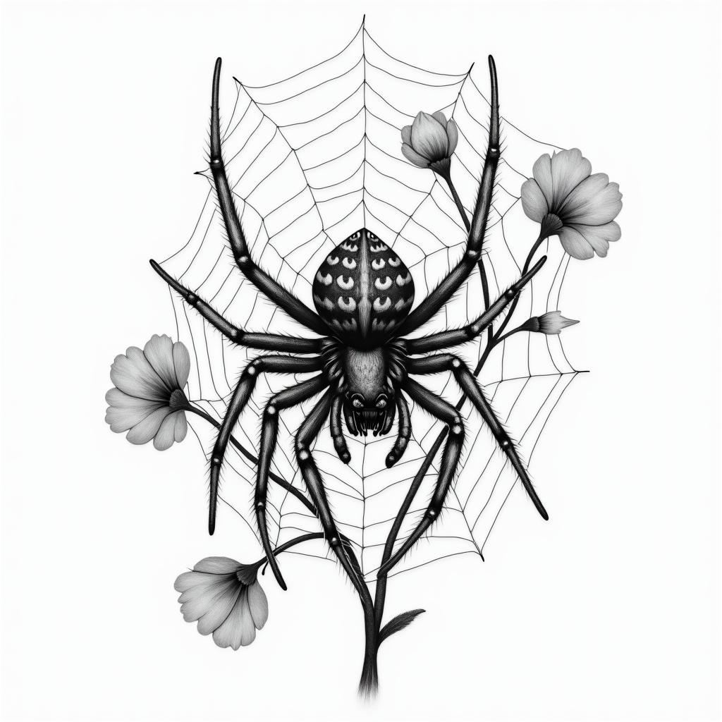 Small spider on web with flowers with stemin realism tattoo style, featuring a highly detailed, lifelike, capturing every detail, photorealistic, ultra realistic, intricate shading, smooth and sharp,   - Variation 9