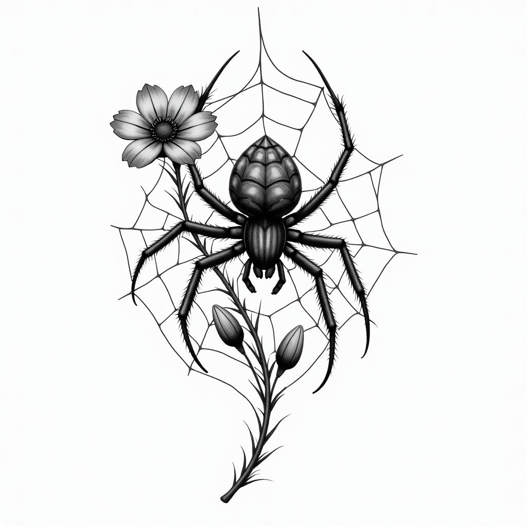 Small spider on web with flowers with stemin realism tattoo style, featuring a highly detailed, lifelike, capturing every detail, photorealistic, ultra realistic, intricate shading, smooth and sharp,   - Variation 7