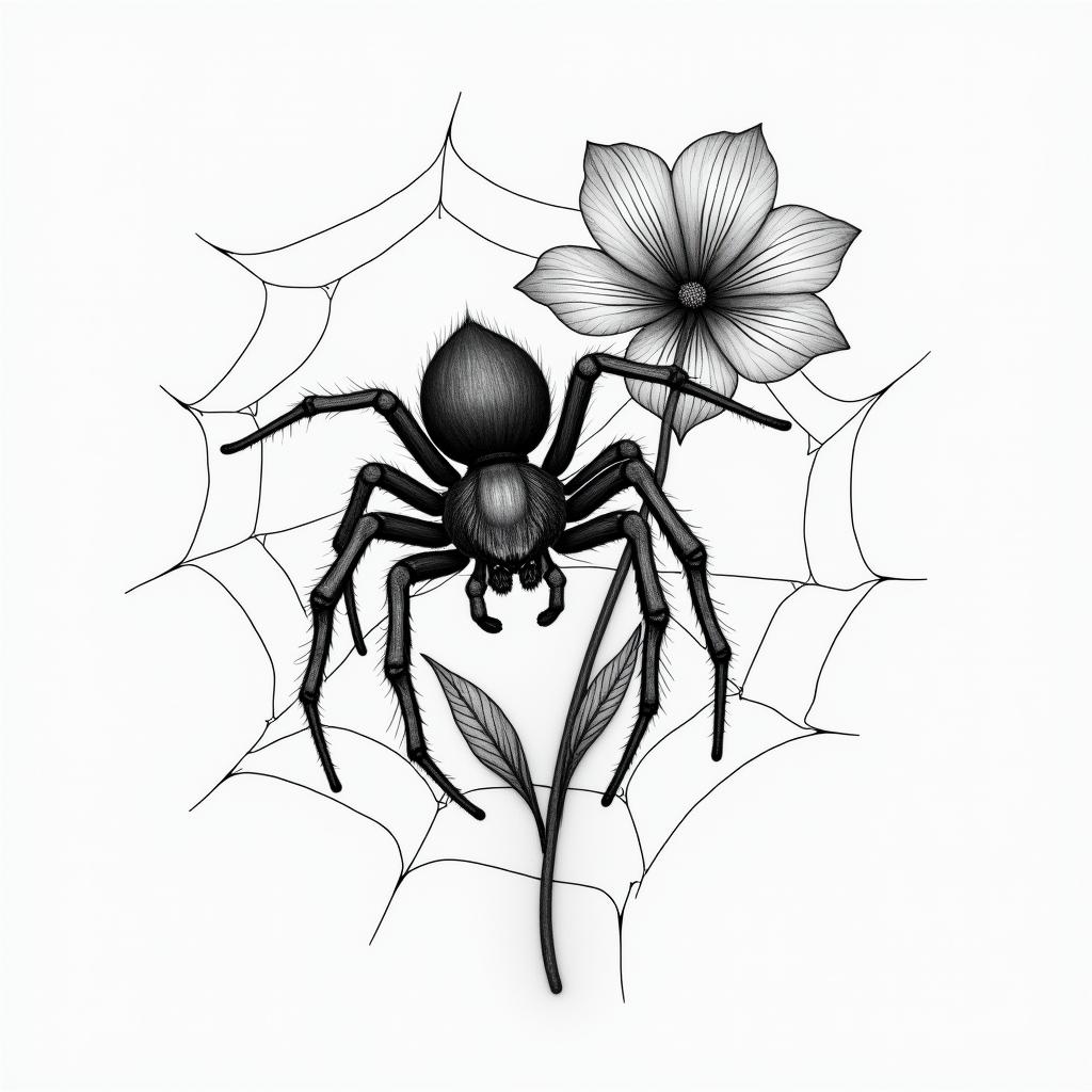 Small spider on web with flowers with stemin realism tattoo style, featuring a highly detailed, lifelike, capturing every detail, photorealistic, ultra realistic, intricate shading, smooth and sharp,   - Variation 8