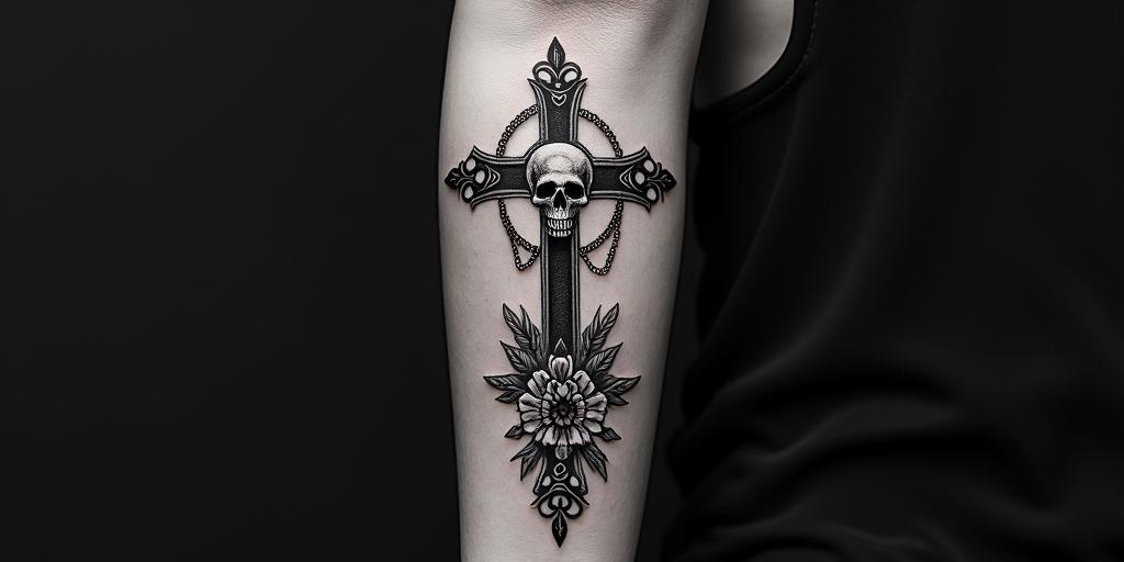 Santa Muerte at the tap.in chicano style tattoo, featuring intricate black and grey shading, bold elements of traditional chicano culture symbols, add a big cross with skull, chains and roses - Variation 4