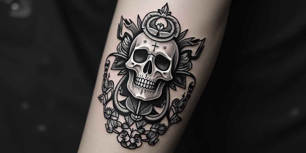 Santa Muerte at the tap.in chicano style tattoo, featuring intricate black and grey shading, bold elements of traditional chicano culture symbols, add a big cross with skull, chains and roses - Variation 3