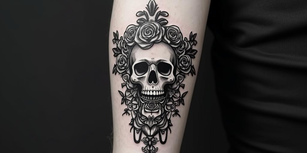Santa Muerte at the tap.in chicano style tattoo, featuring intricate black and grey shading, bold elements of traditional chicano culture symbols, add a big cross with skull, chains and roses - Variation 2