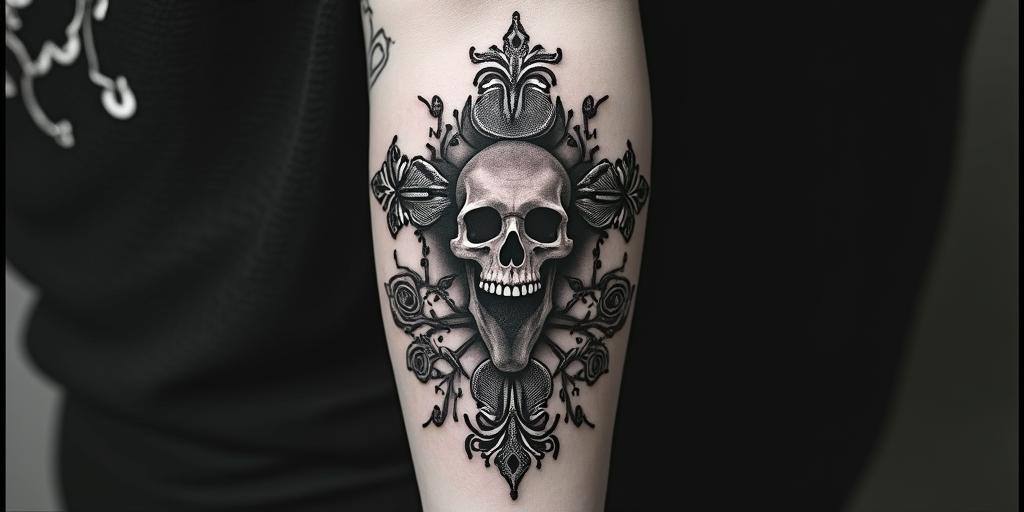 Santa Muerte at the tap.in chicano style tattoo, featuring intricate black and grey shading, bold elements of traditional chicano culture symbols, add a big cross with skull, chains and roses