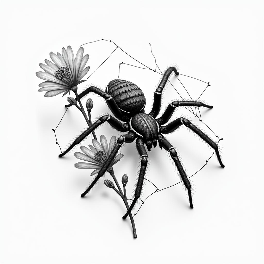 Small spider on web with flowers with stemin realism tattoo style, featuring a highly detailed, lifelike, capturing every detail, photorealistic, ultra realistic, intricate shading, smooth and sharp,   - Variation 6