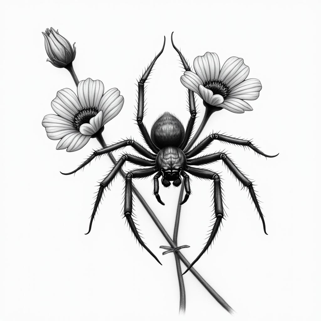 Small spider on web with flowers with stemin realism tattoo style, featuring a highly detailed, lifelike, capturing every detail, photorealistic, ultra realistic, intricate shading, smooth and sharp,   - Variation 11