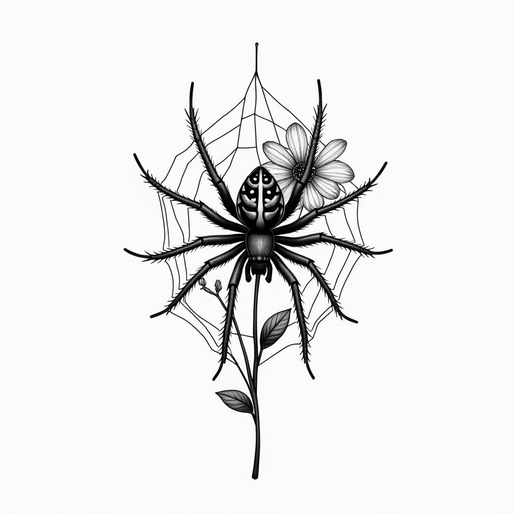 Small spider on web with flowers with stemin realism tattoo style, featuring a highly detailed, lifelike, capturing every detail, photorealistic, ultra realistic, intricate shading, smooth and sharp,   - Variation 4