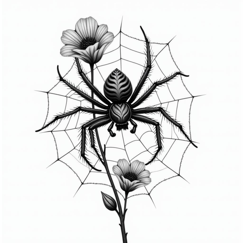 Small spider on web with flowers with stemin realism tattoo style, featuring a highly detailed, lifelike, capturing every detail, photorealistic, ultra realistic, intricate shading, smooth and sharp,   - Variation 10