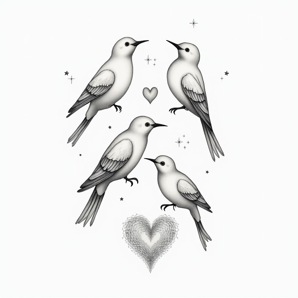 Live sea birdsin Modest style tattoo, featuring soft, delicate line work with simple and meaningful symbols, gentle waves, a heart, evoking a sense of serenity and grace, - Variation 3