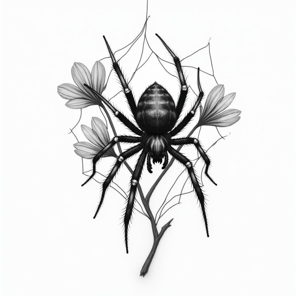 Small spider on web with flowers with stemin realism tattoo style, featuring a highly detailed, lifelike, capturing every detail, photorealistic, ultra realistic, intricate shading, smooth and sharp,