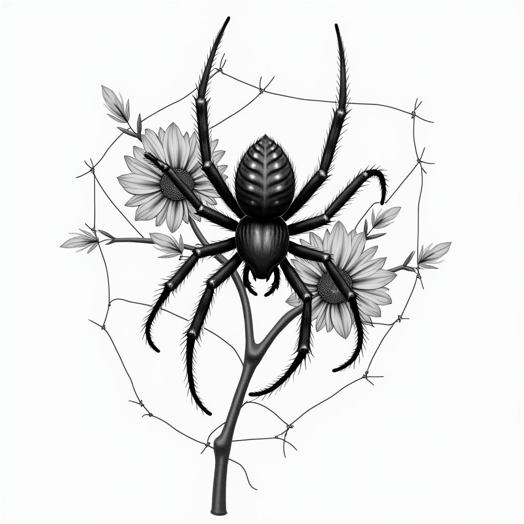 Small spider on web with flowers with stemin realism tattoo style, featuring a highly detailed, lifelike, capturing every detail, photorealistic, ultra realistic, intricate shading, smooth and sharp,   - Variation 3