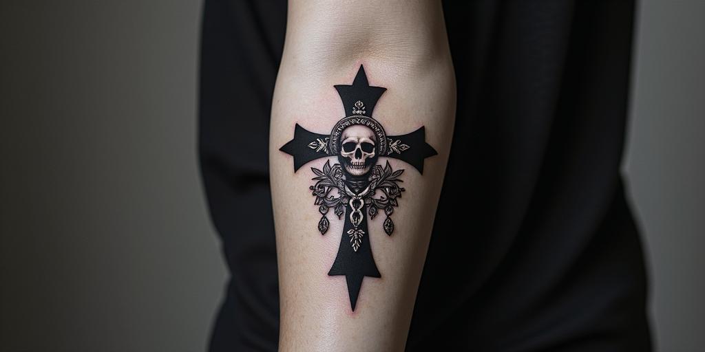 Name Valentinain chicano style tattoo, featuring intricate black and grey shading, bold elements of traditional chicano culture symbols, add a big cross with skull, chains and roses - Variation 4