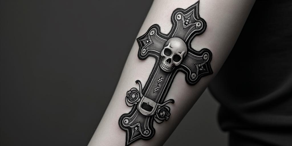 Name Valentinain chicano style tattoo, featuring intricate black and grey shading, bold elements of traditional chicano culture symbols, add a big cross with skull, chains and roses - Variation 2