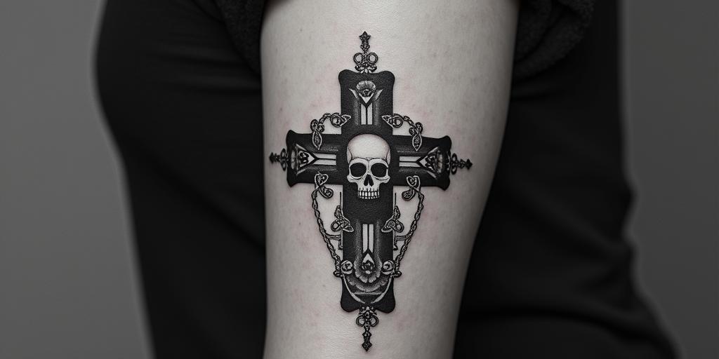 Name Valentinain chicano style tattoo, featuring intricate black and grey shading, bold elements of traditional chicano culture symbols, add a big cross with skull, chains and roses
