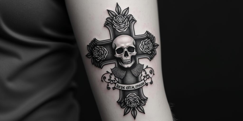 Name Valentinain chicano style tattoo, featuring intricate black and grey shading, bold elements of traditional chicano culture symbols, add a big cross with skull, chains and roses - Variation 3