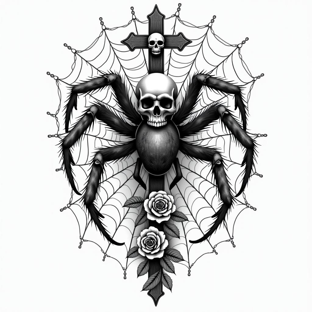 Small spider on web with lots of flowersin chicano style tattoo, featuring intricate black and grey shading, bold elements of traditional chicano culture symbols, add a big cross with skull, chains and roses - Variation 7