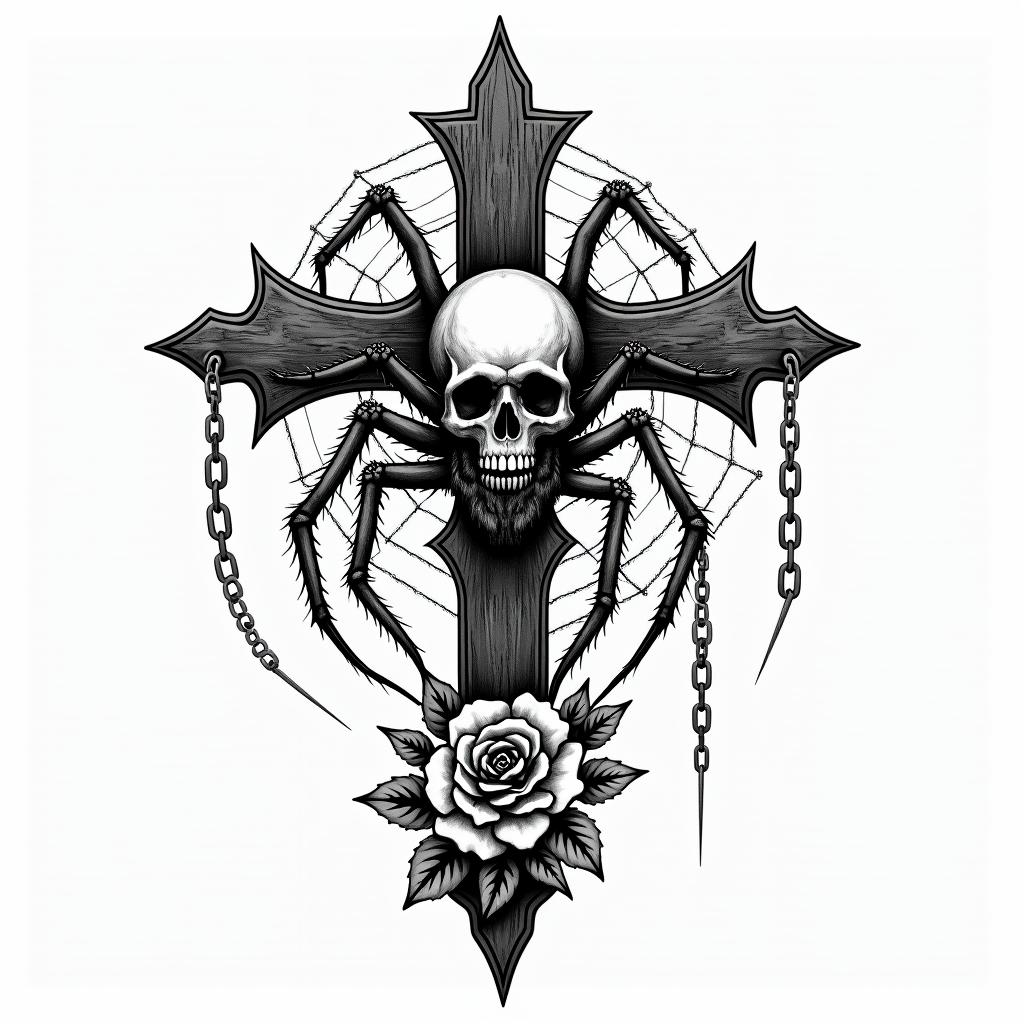 Small spider on web with lots of flowersin chicano style tattoo, featuring intricate black and grey shading, bold elements of traditional chicano culture symbols, add a big cross with skull, chains and roses