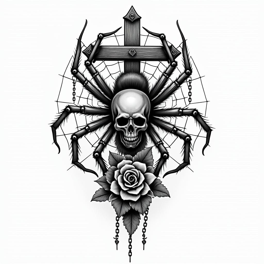 Small spider on web with lots of flowersin chicano style tattoo, featuring intricate black and grey shading, bold elements of traditional chicano culture symbols, add a big cross with skull, chains and roses - Variation 3