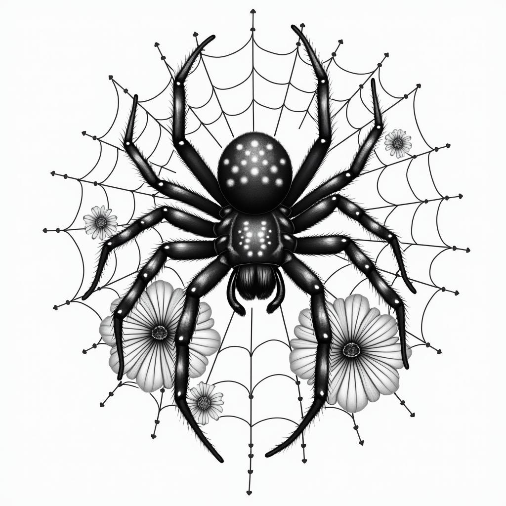 Small spider on web with lots of flowersin portrait tattoo style, featuring a highly realistic and detailed depiction  - Variation 31