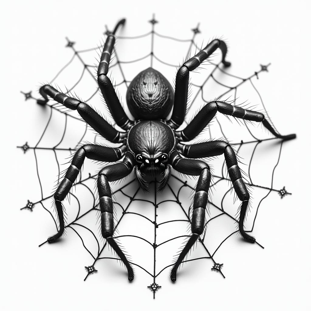 Small spider on web with lots of flowersin portrait tattoo style, featuring a highly realistic and detailed depiction  - Variation 30