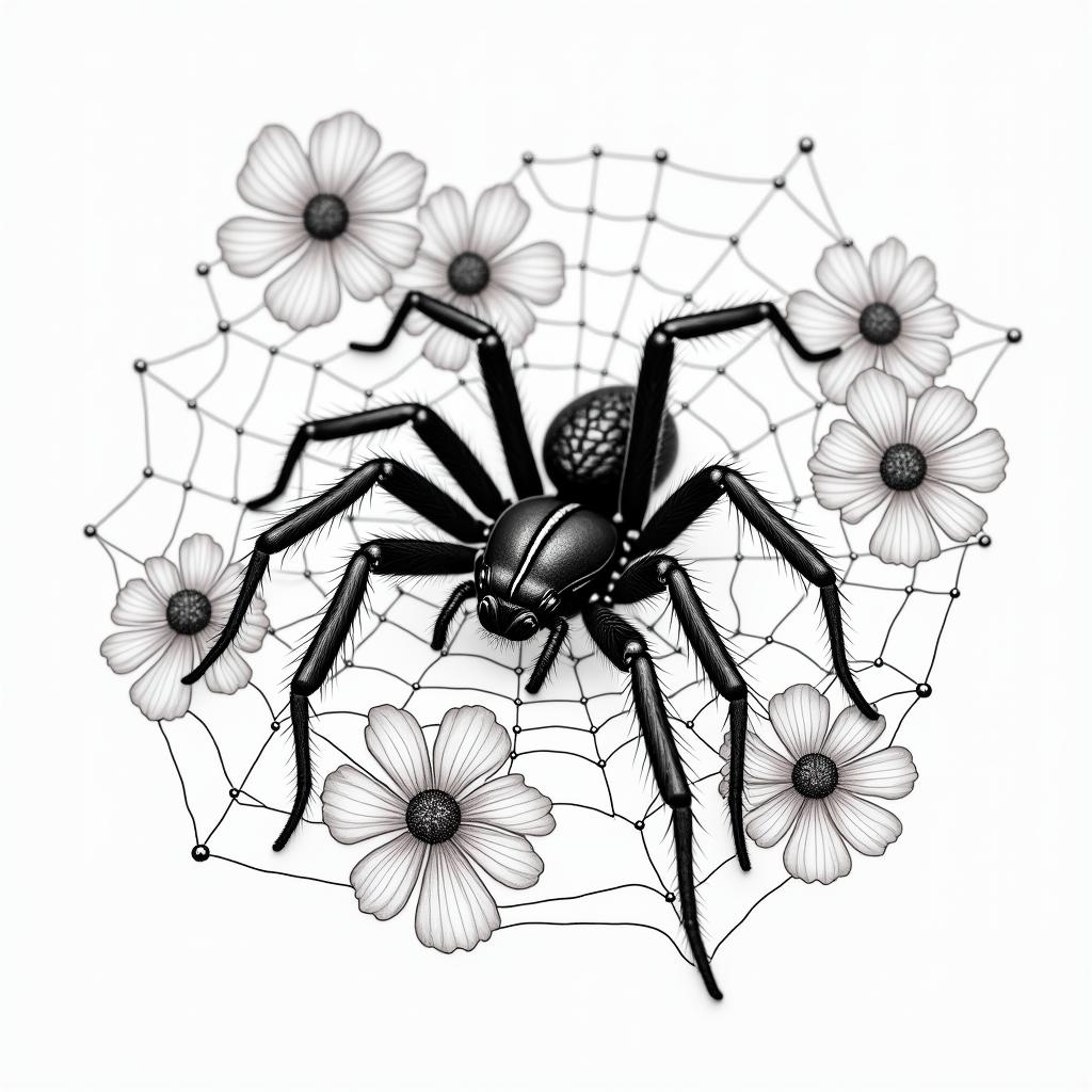 Small spider on web with lots of flowersin portrait tattoo style, featuring a highly realistic and detailed depiction  - Variation 26