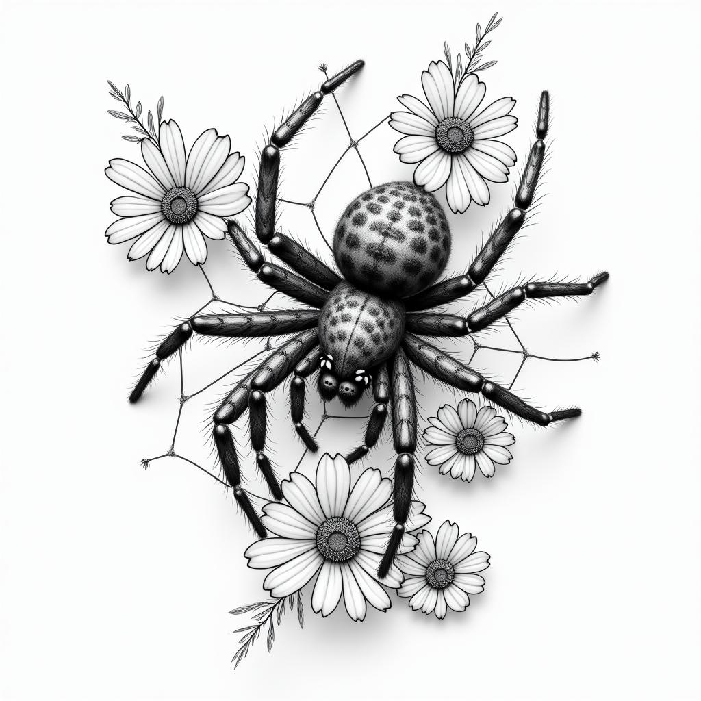 Small spider on web with lots of flowersin portrait tattoo style, featuring a highly realistic and detailed depiction  - Variation 32
