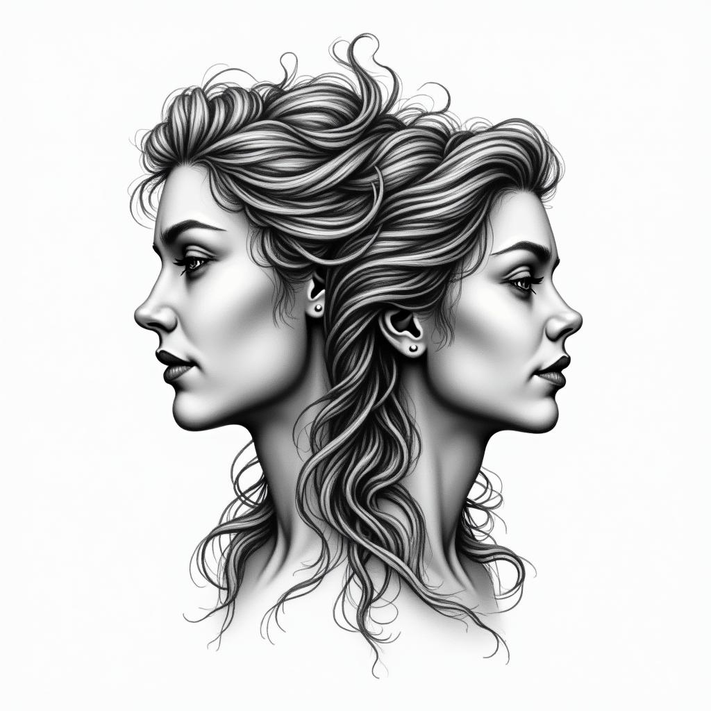 Sagittarius and Virgo intertwined togetherin portrait tattoo style, featuring a highly realistic and detailed depiction  - Variation 3