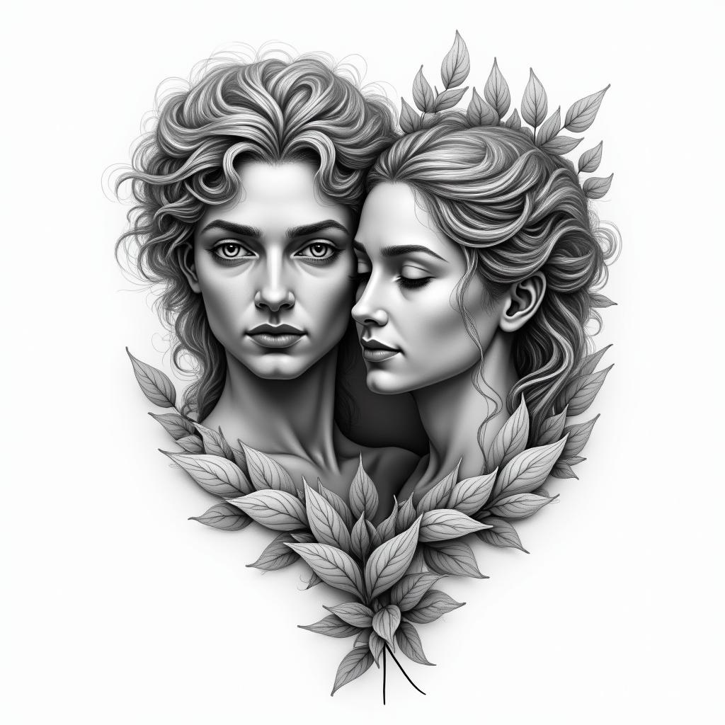 Sagittarius and Virgo intertwined togetherin portrait tattoo style, featuring a highly realistic and detailed depiction  - Variation 4