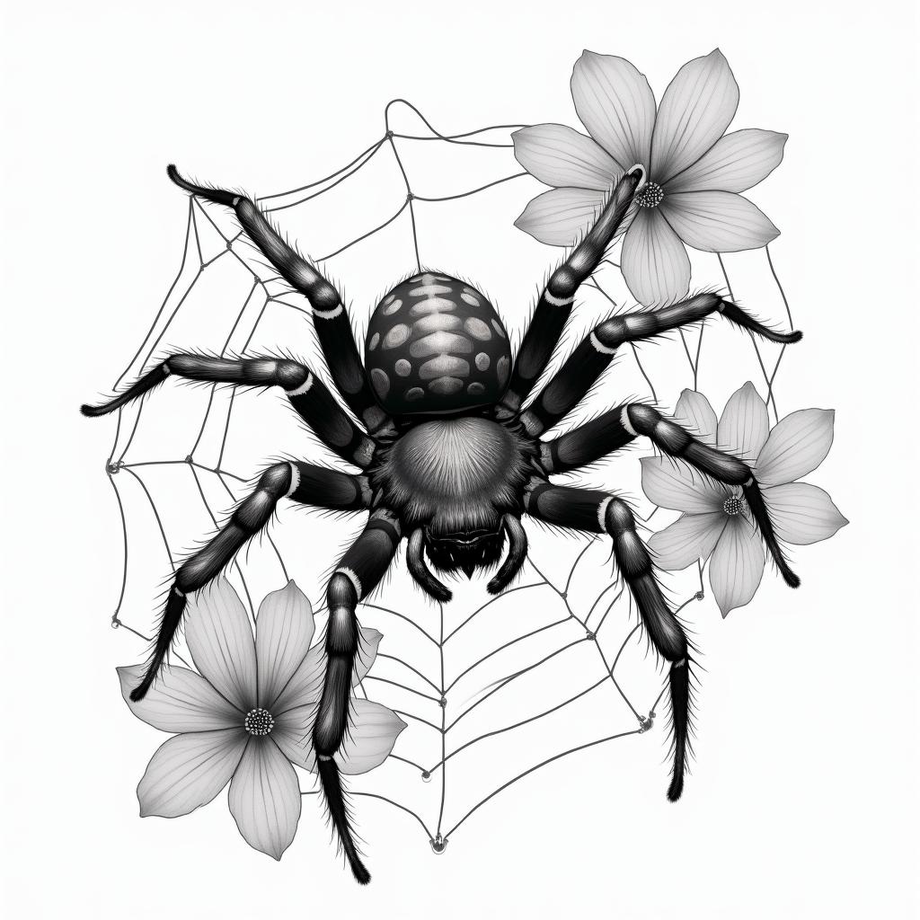 Small spider on web with lots of flowersin portrait tattoo style, featuring a highly realistic and detailed depiction  - Variation 23