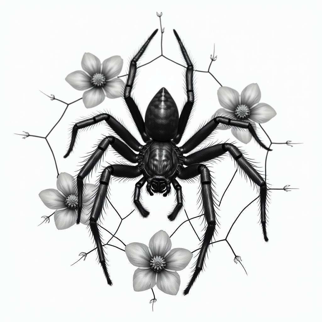 Small spider on web with lots of flowersin portrait tattoo style, featuring a highly realistic and detailed depiction  - Variation 21