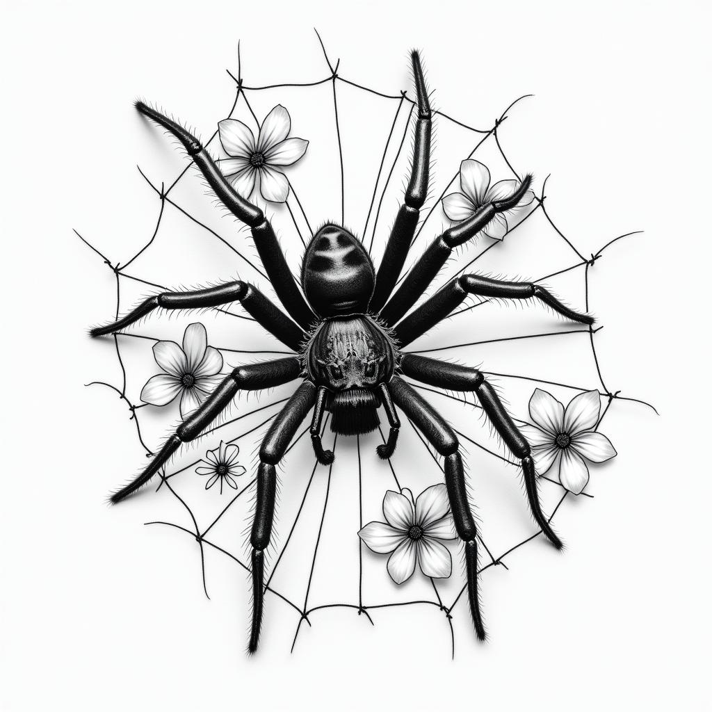 Small spider on web with lots of flowersin portrait tattoo style, featuring a highly realistic and detailed depiction  - Variation 17