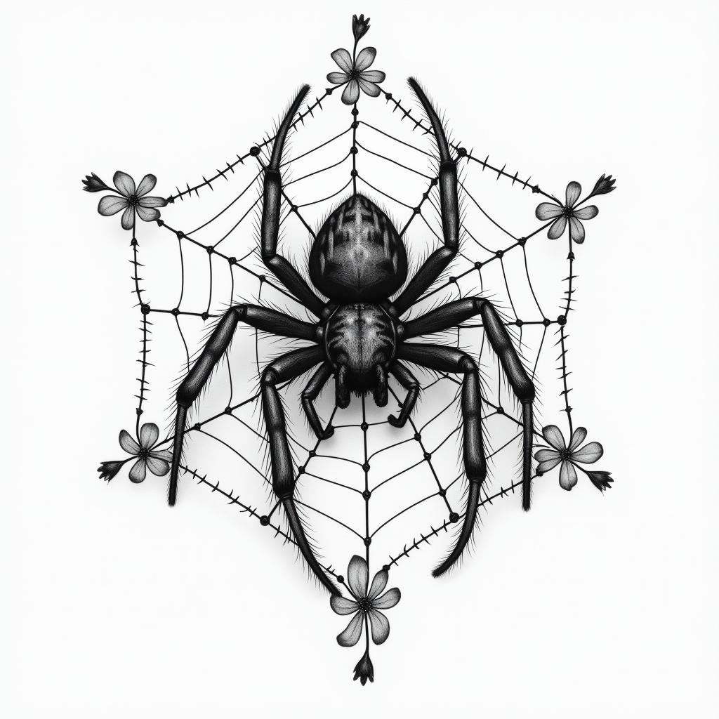 Small spider on web with lots of flowersin portrait tattoo style, featuring a highly realistic and detailed depiction  - Variation 19