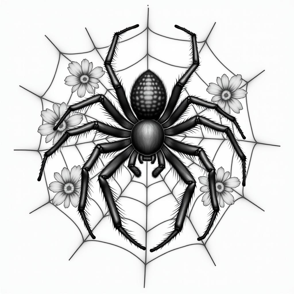 Small spider on web with lots of flowersin portrait tattoo style, featuring a highly realistic and detailed depiction  - Variation 18