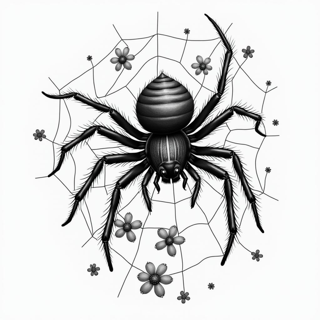 Small spider on web with lots of flowersin portrait tattoo style, featuring a highly realistic and detailed depiction  - Variation 20