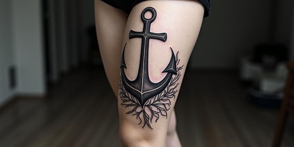 Anchor with nautical rope and compassin bohemian style tattoo, 8k - Variation 2