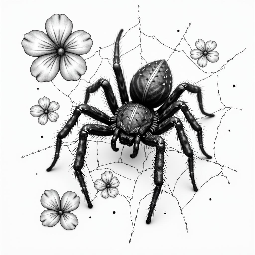 Small spider on web with lots of flowersin portrait tattoo style, featuring a highly realistic and detailed depiction  - Variation 16