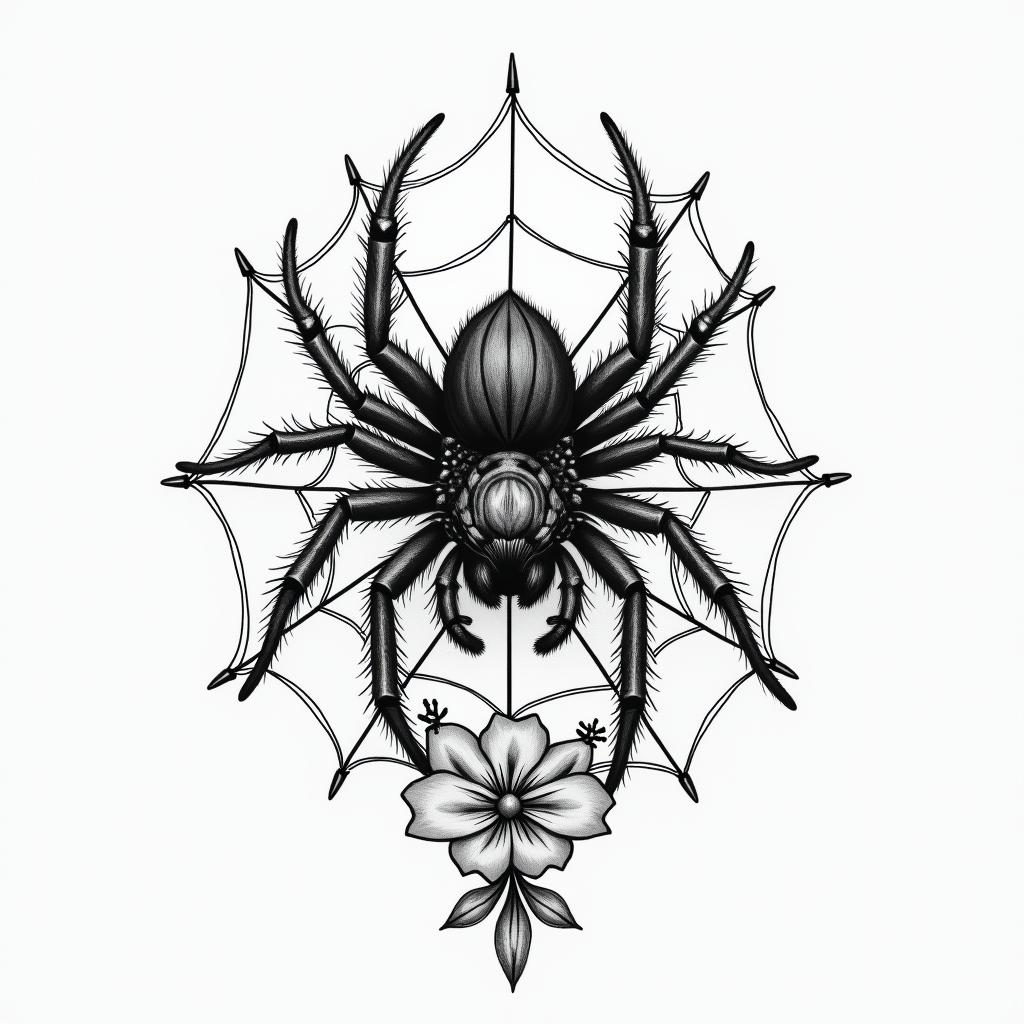 Small spider on web with lots of flowersin portrait tattoo style, featuring a highly realistic and detailed depiction  - Variation 13